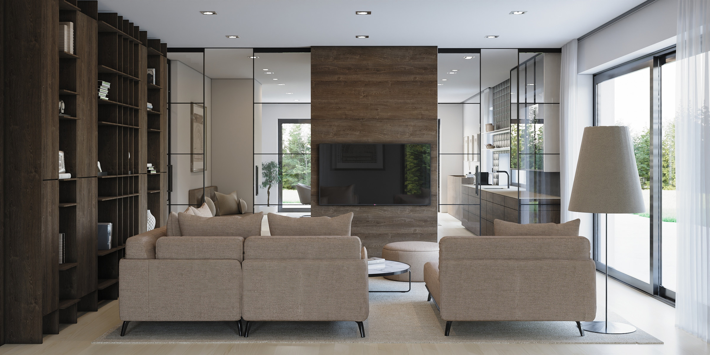 Exklusives Wohnzimmer Raumhohe Glasschiebetüren Alurahmeprofil Couchtisch rund Metallgestell Marmortischplatte hochwertige Sofalandschaft mit Chaise Longue und Pouf modernes Bücherregal Wandverbau