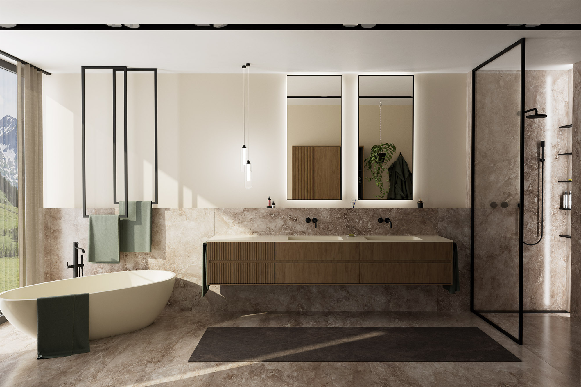 modernes Badezimmer Waschtisch mit integriertem Waschbecken Silestone Spiegelschrank beleuchtet freistehende Badewanne Keramik Fliesen